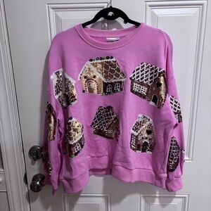 Queen of Sparkles Pink Sweatshirt with Sequin Gingerbread Houses